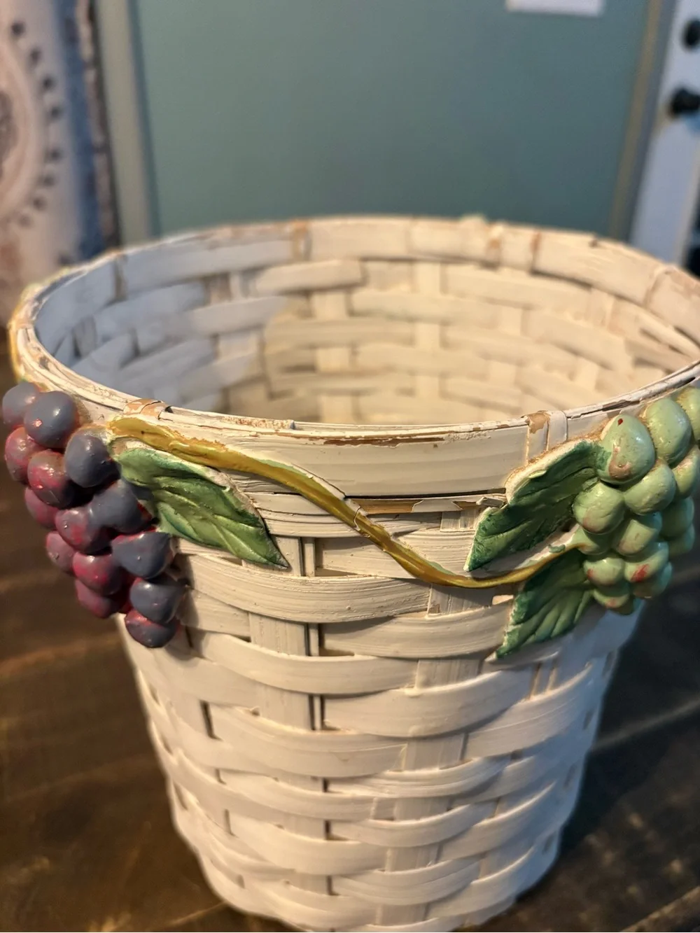 Decorative White Woven Basket Vines With Purple & Green Grape Accents Italian